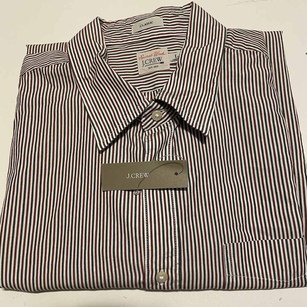 J Crew Classic Secret Wash Men's L Red, Green,  & White Stripe Button Down Shirt